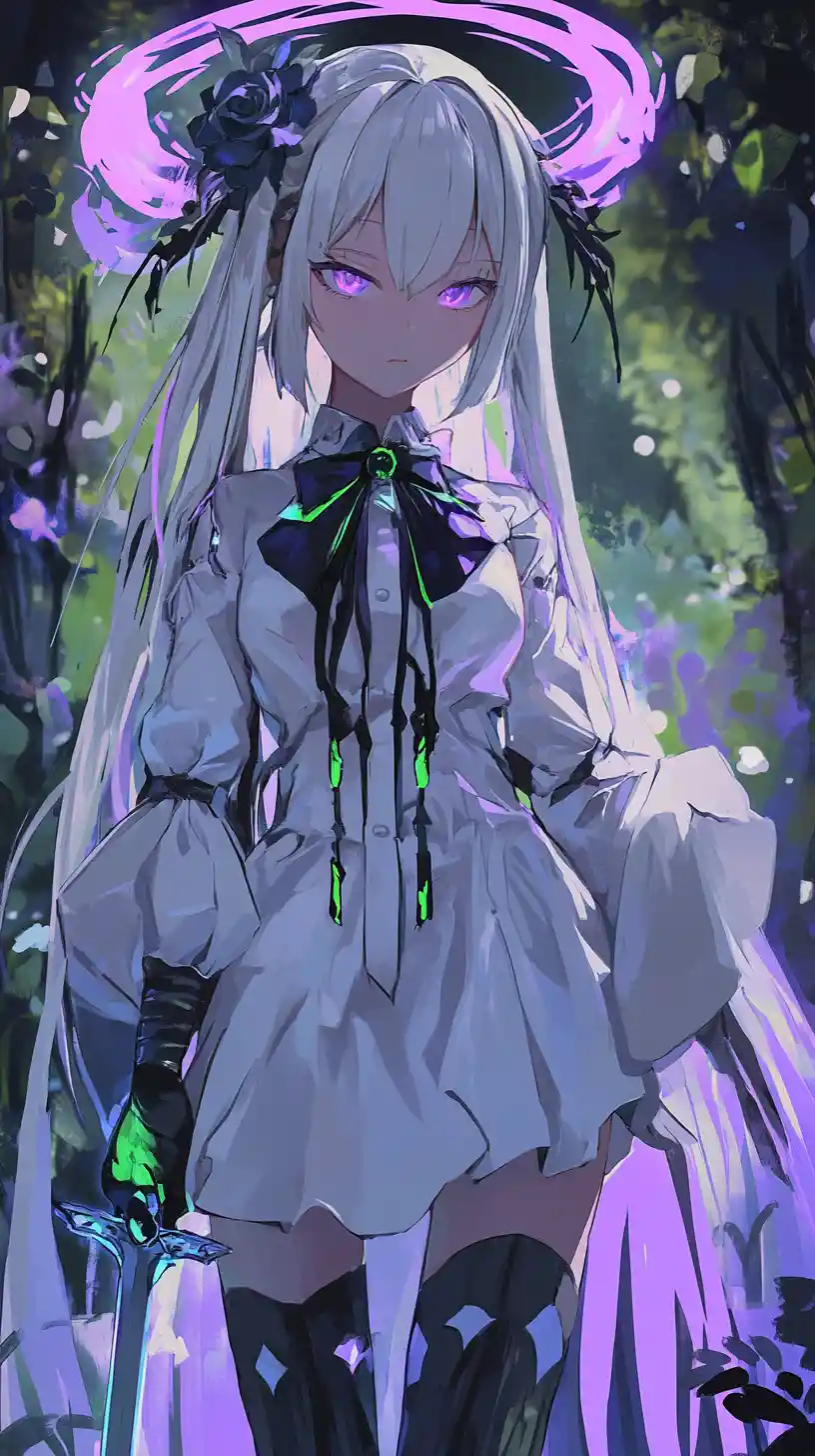 Serious fantasy girl with glowing wings in a dark outfit