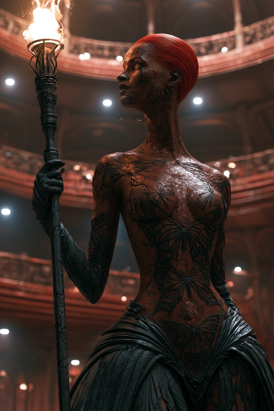 Otherworldly hybrid woman with flame staff on balconies