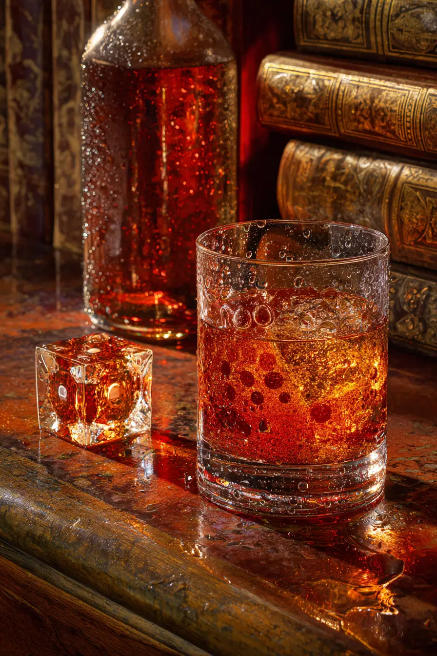Sparkling soda and scotch glasses on a wooden bar