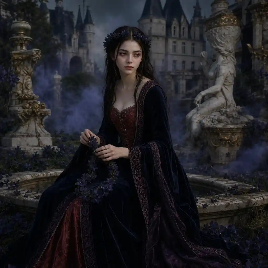Renaissance portrait of a pale girl in a ruined garden