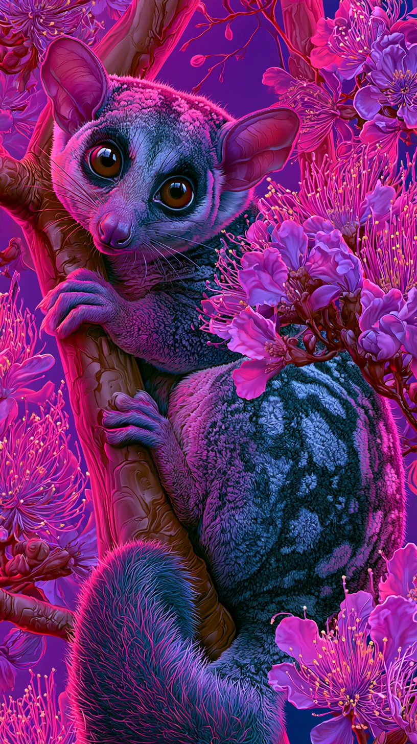 Cute common spotted cuscus in a blooming silk tree