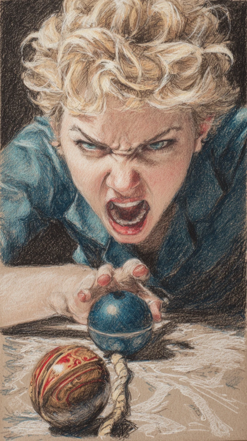 Angry blonde girl yelling while struggling with a kendama