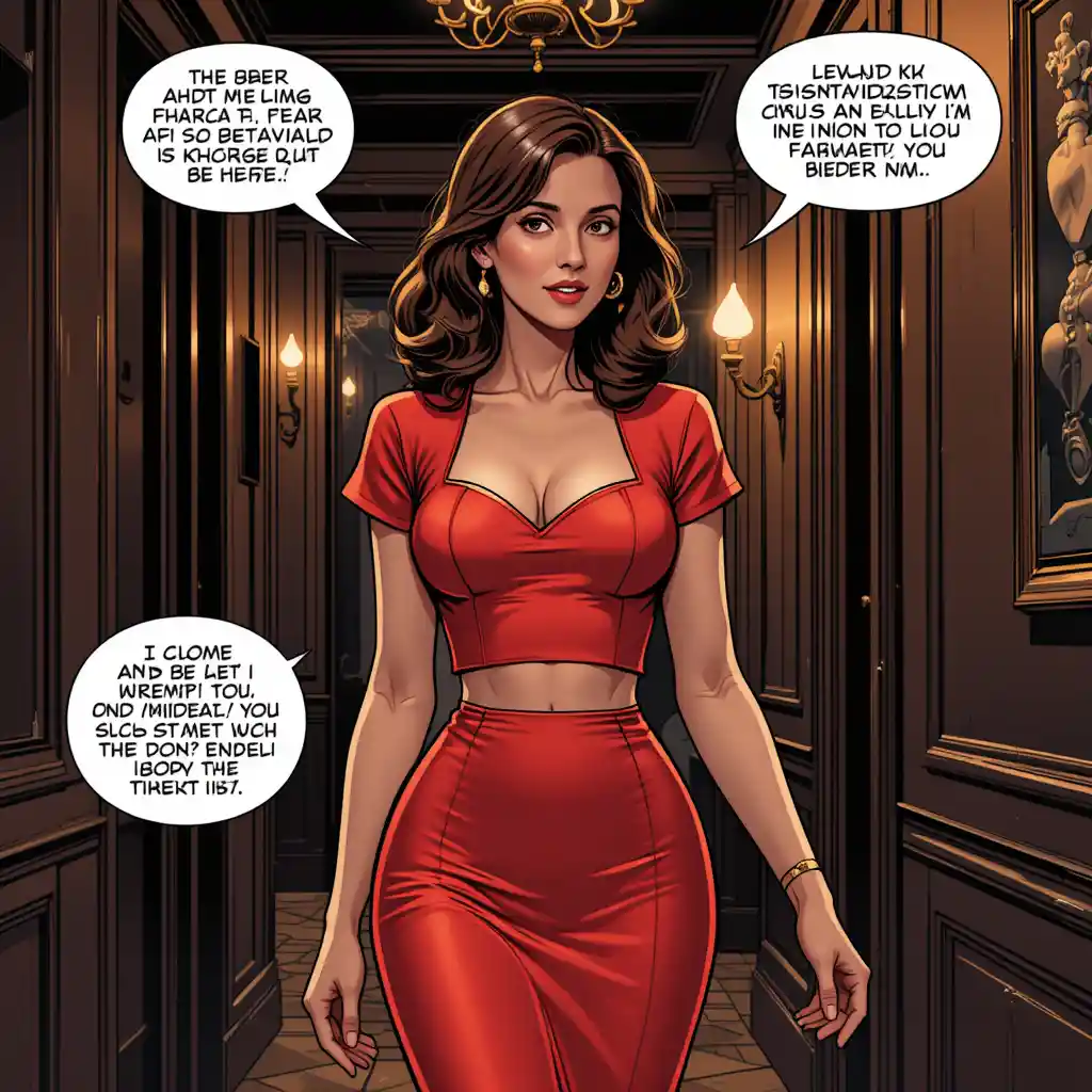 Confident young woman in red dress in dark wood room