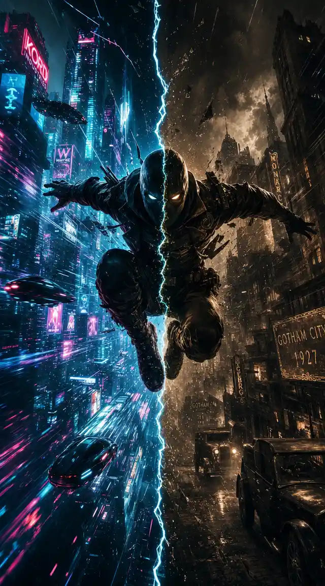 Vigilante Leaping Through A Fractured Neon And Noir City
