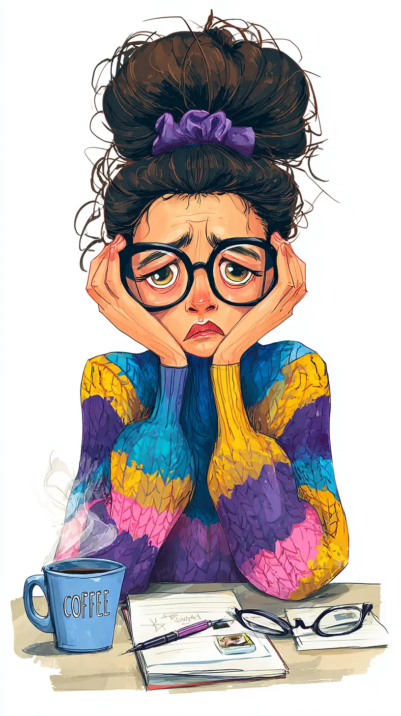 Grumpy tired woman with huge hair bun and coffee mug