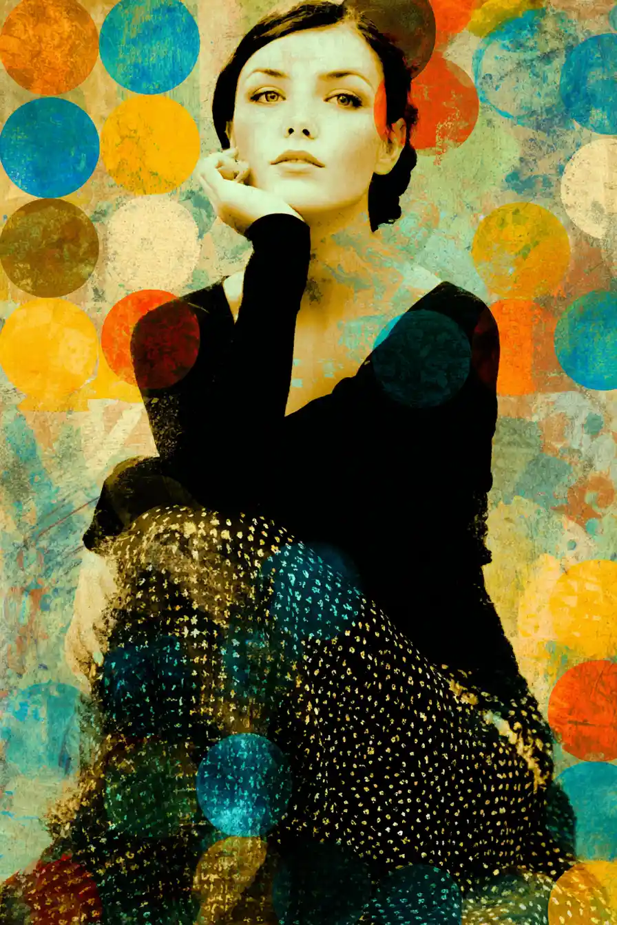 Whimsical mixed media print with abstract bokeh dot background