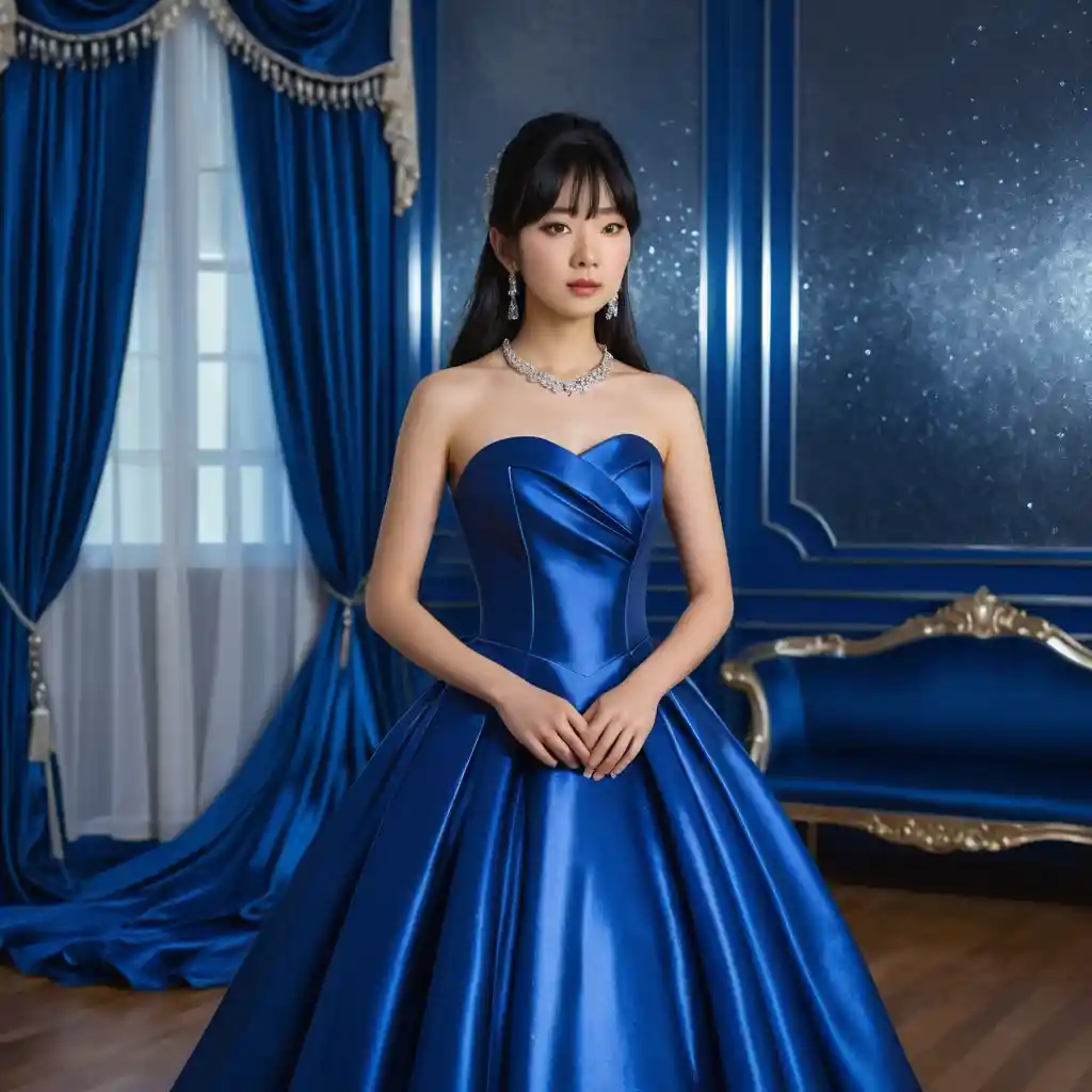 Elegant young woman in royal blue satin ball gown