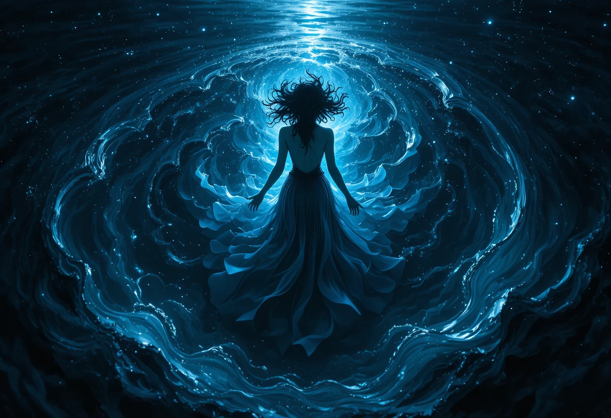 Mystical being floating on a cosmic ocean under starlit depths