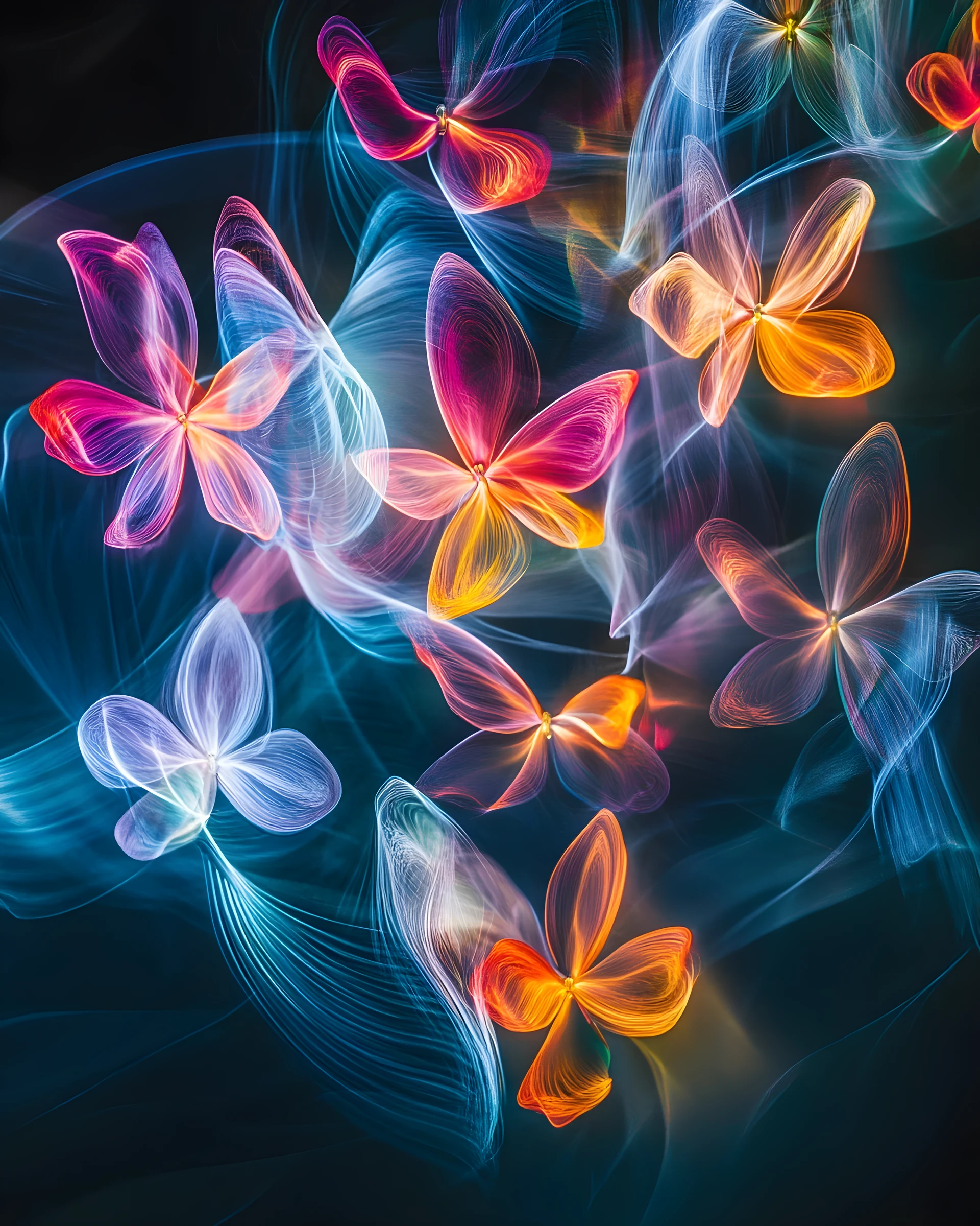 Glowing fractal flowers swirling in a dark abstract void