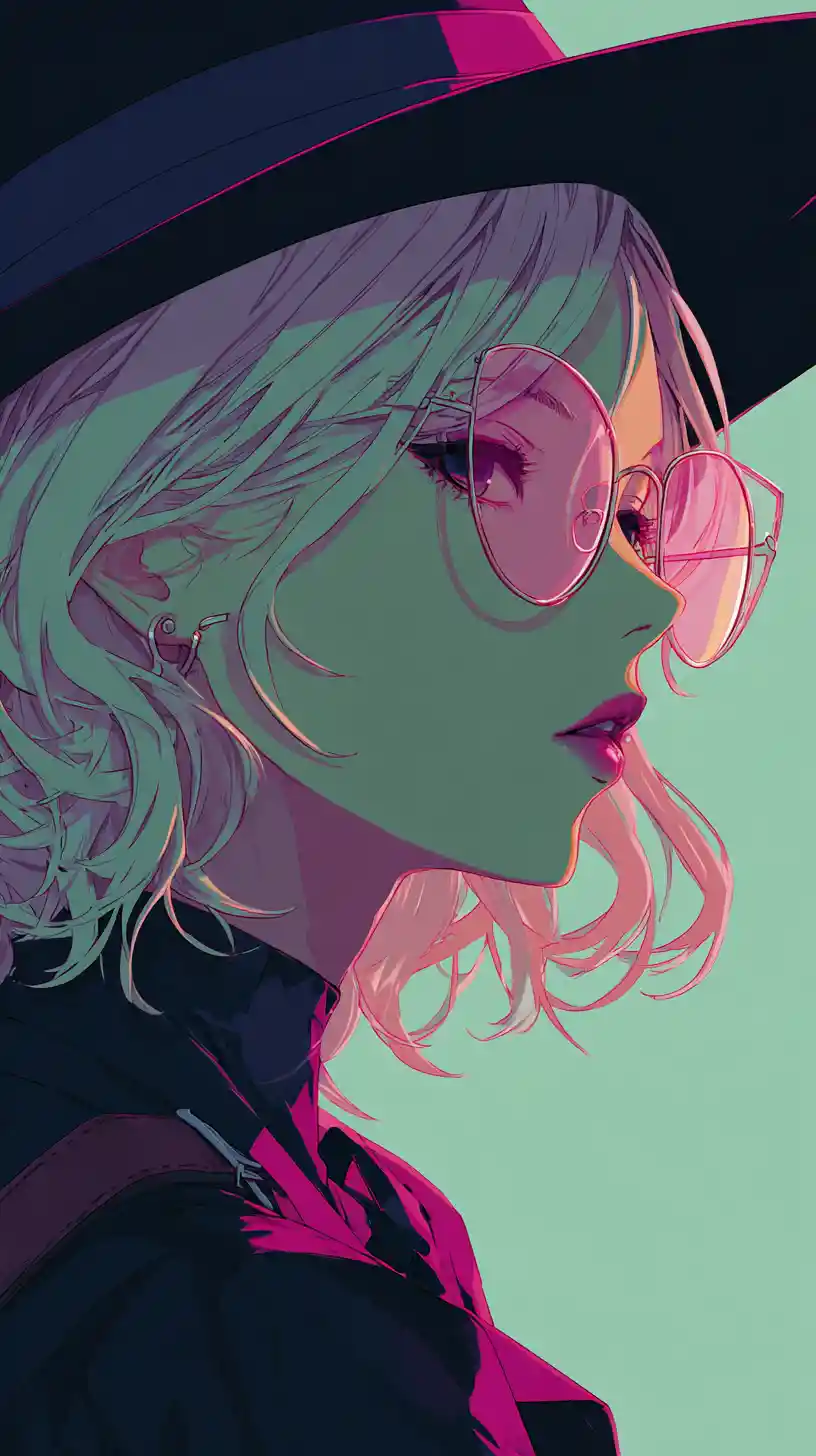 Anime woman in fedora with neon pink rim light