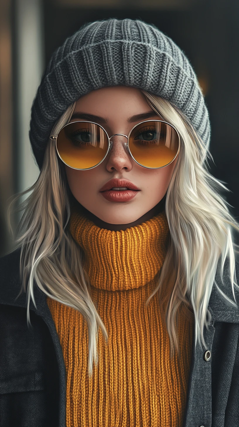 Anime girl in yellow turtleneck and gray hat portrait
