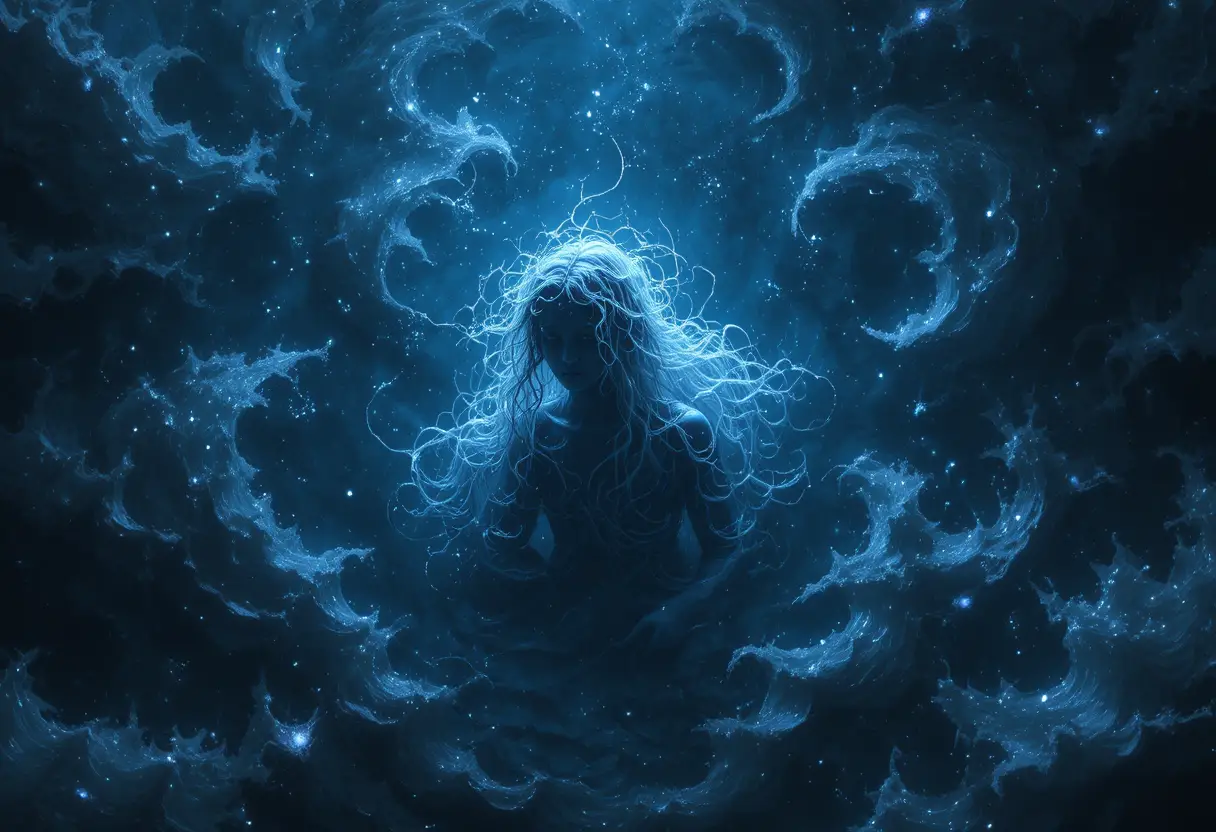 Mystical being floating on a glowing starry cosmic ocean