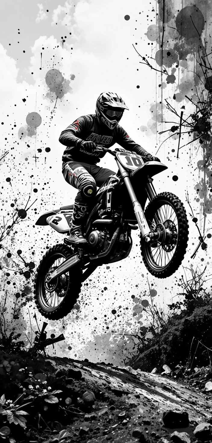 Motocross rider flying mid air on off road motorcycle