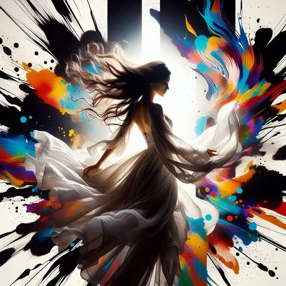 Graceful Asian woman in motion with swirling colors