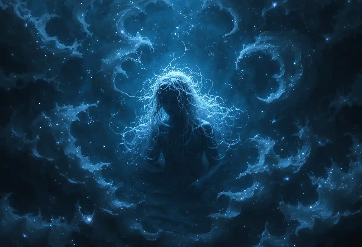 Mystical being floating on a glowing starry cosmic ocean