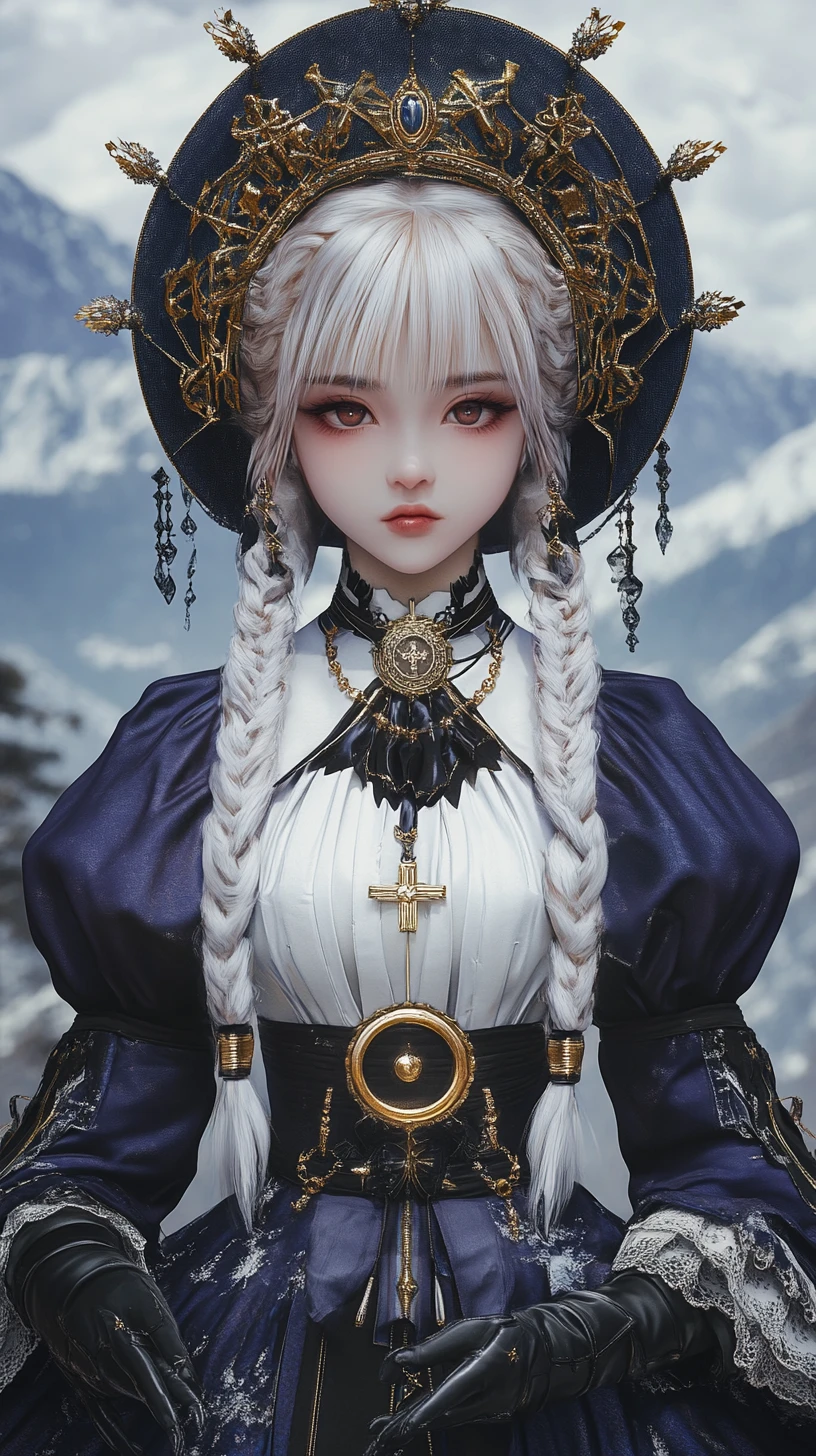 Serious angelic girl in dramatic cloudy mountain landscape