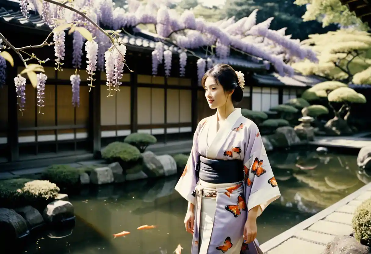 Butterfly swordswoman in a tranquil ancient Japanese garden
