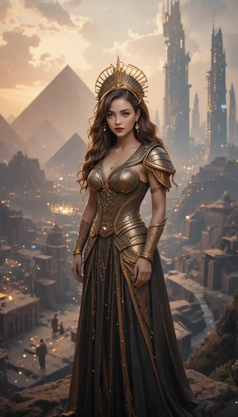 Golden armored queen on cliff above vast battlefield