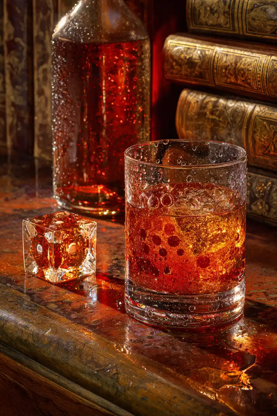 Sparkling soda and scotch glasses on a wooden bar