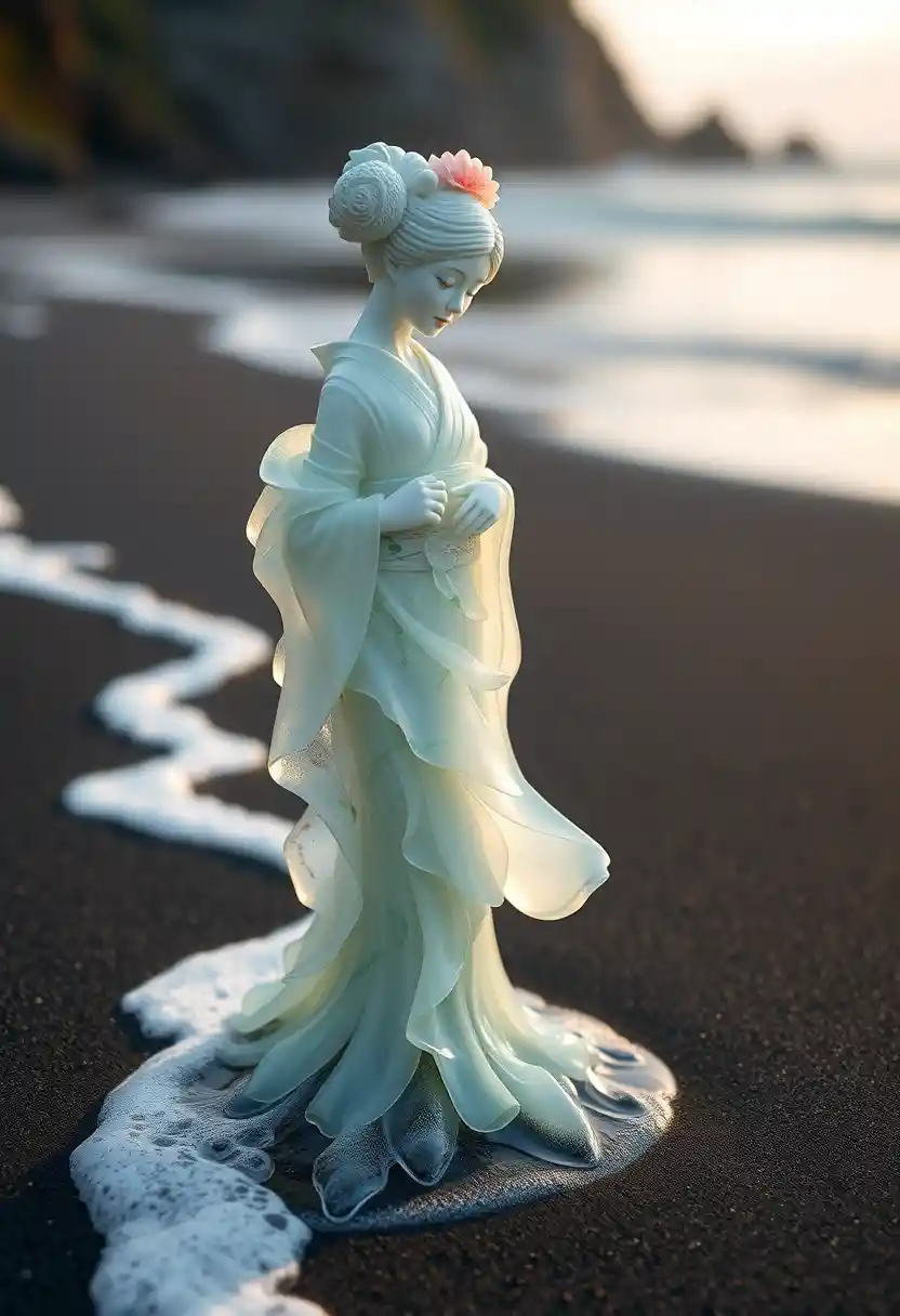 Translucent geisha glass statue on tranquil black sand beach