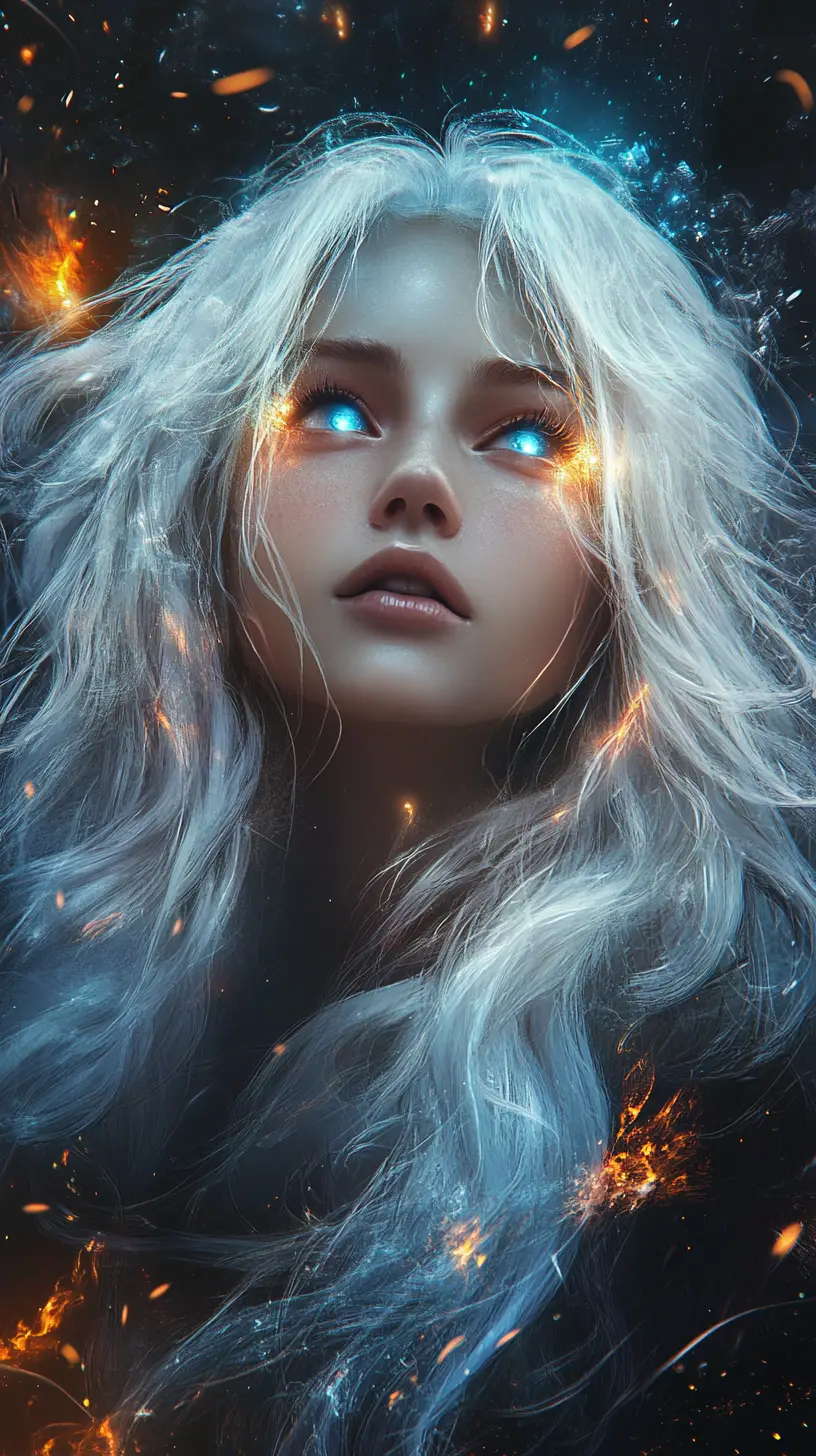 Ethereal woman with glowing hair in a cosmic void