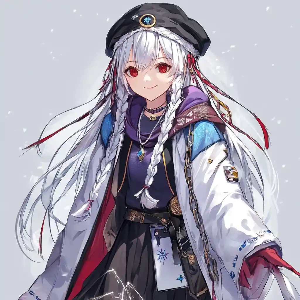 Anime girl in white winter coat at futuristic concert crowd