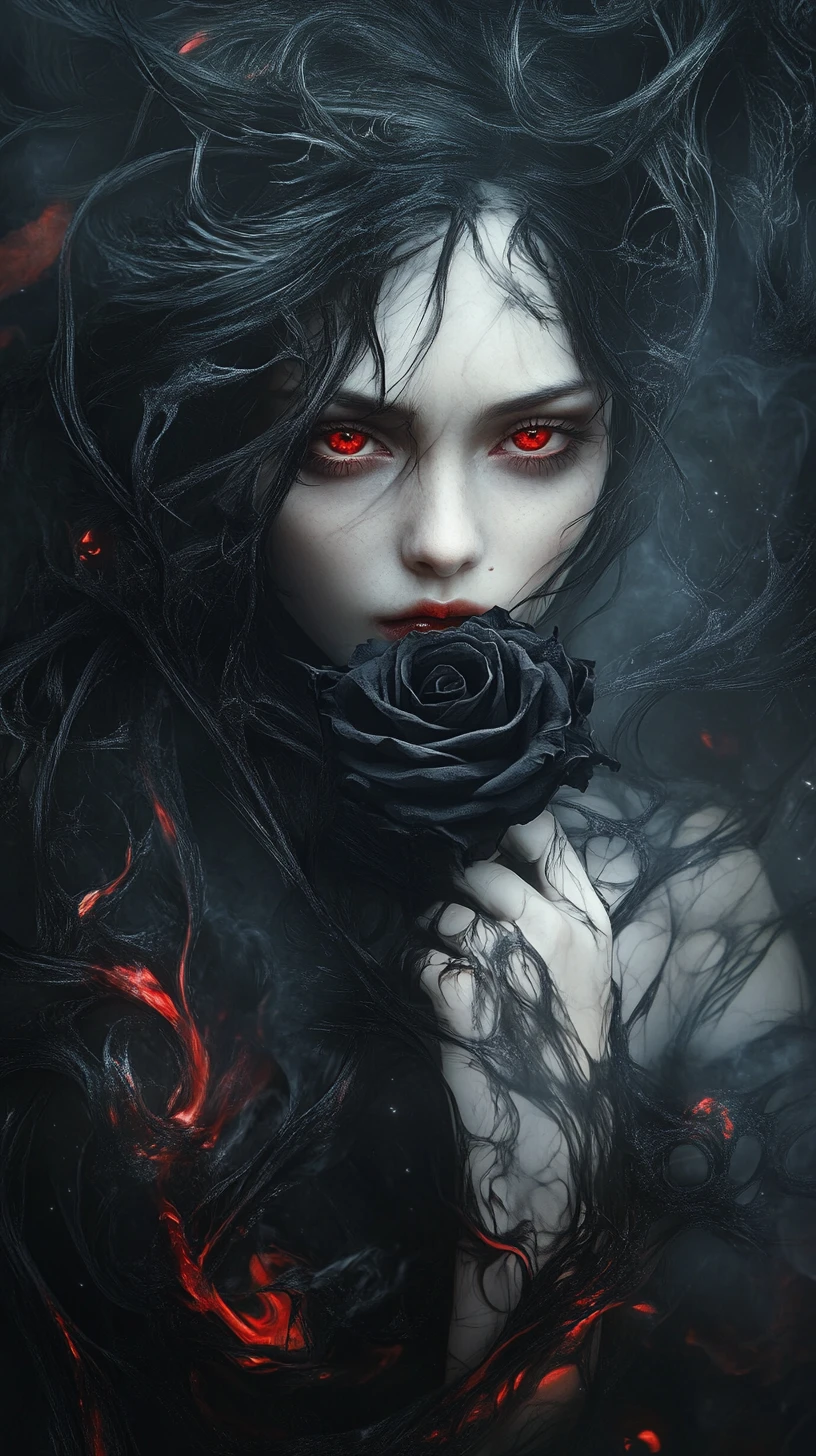 Dark haired woman with black rose in swirling void