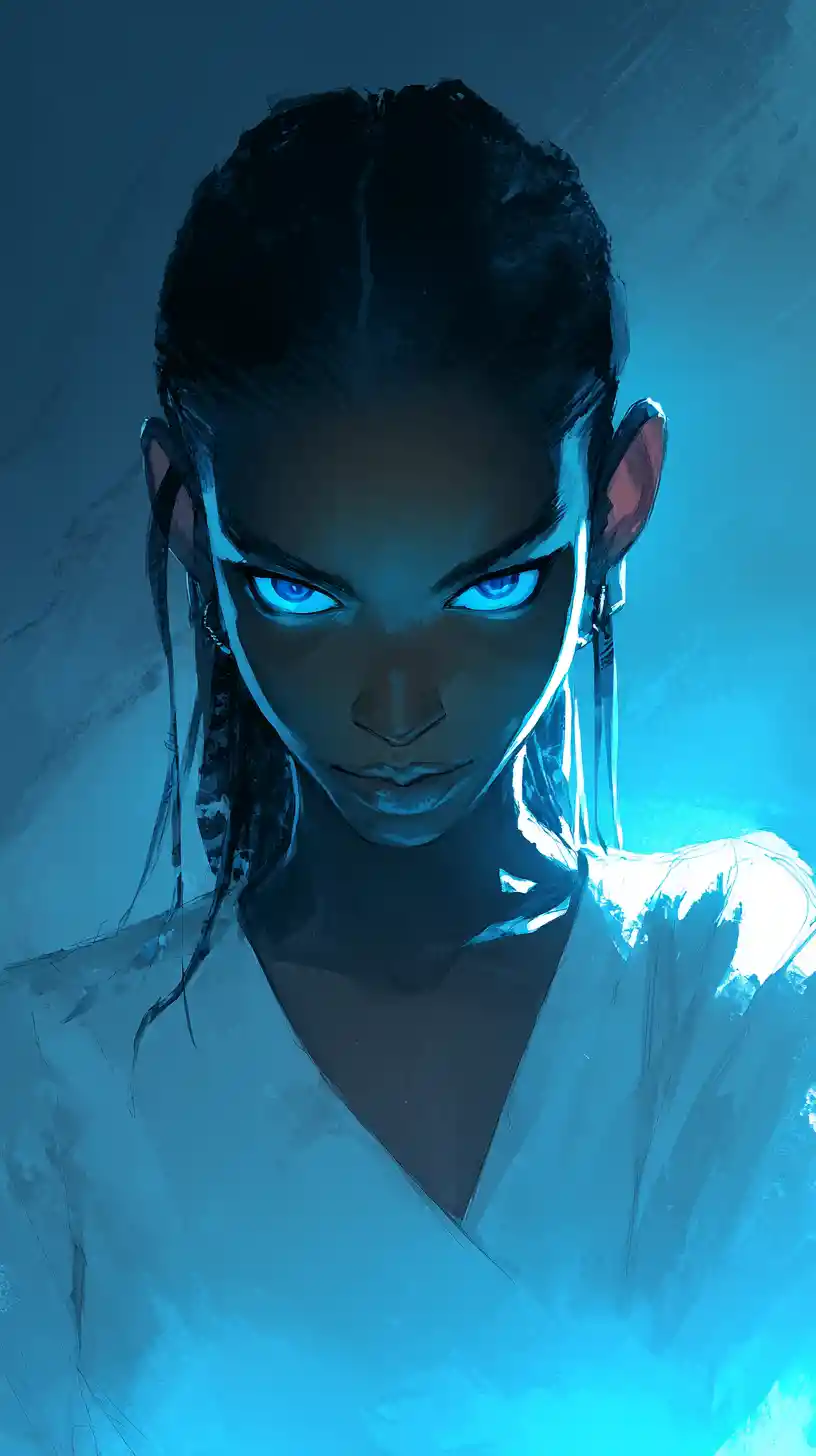 Mysterious woman with glowing blue eyes in shadowed portrait