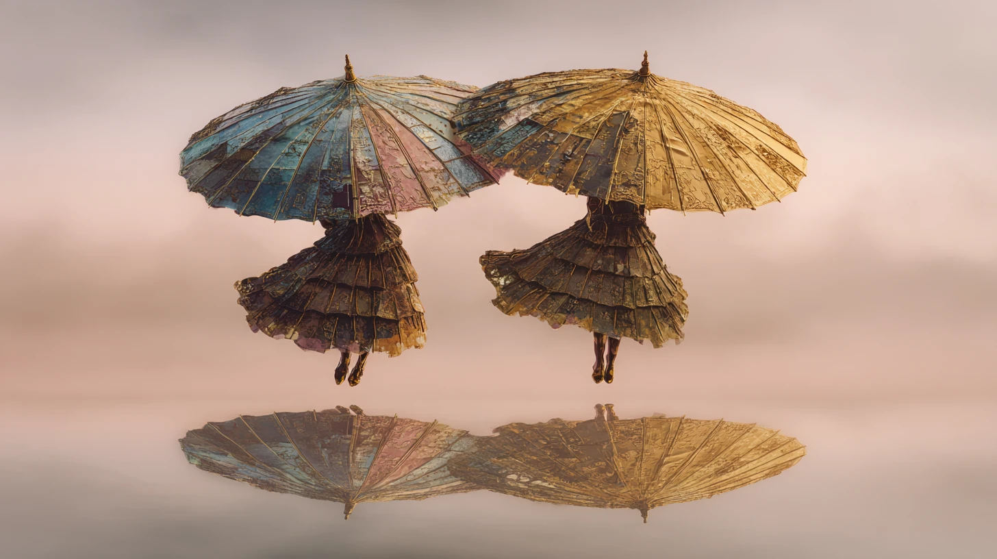 Floating patchwork umbrellas tethered to a lone figure