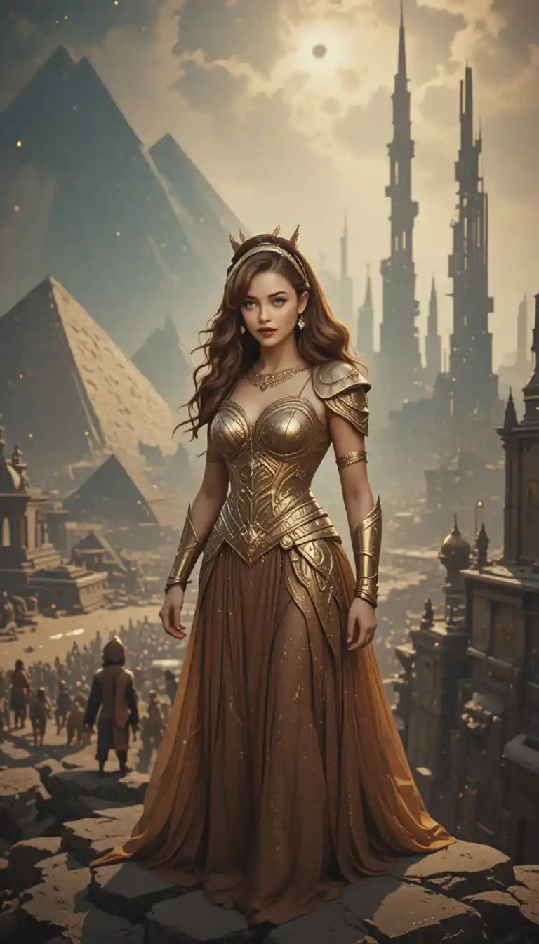 Mythic warrior queen on cliff above vast battlefield