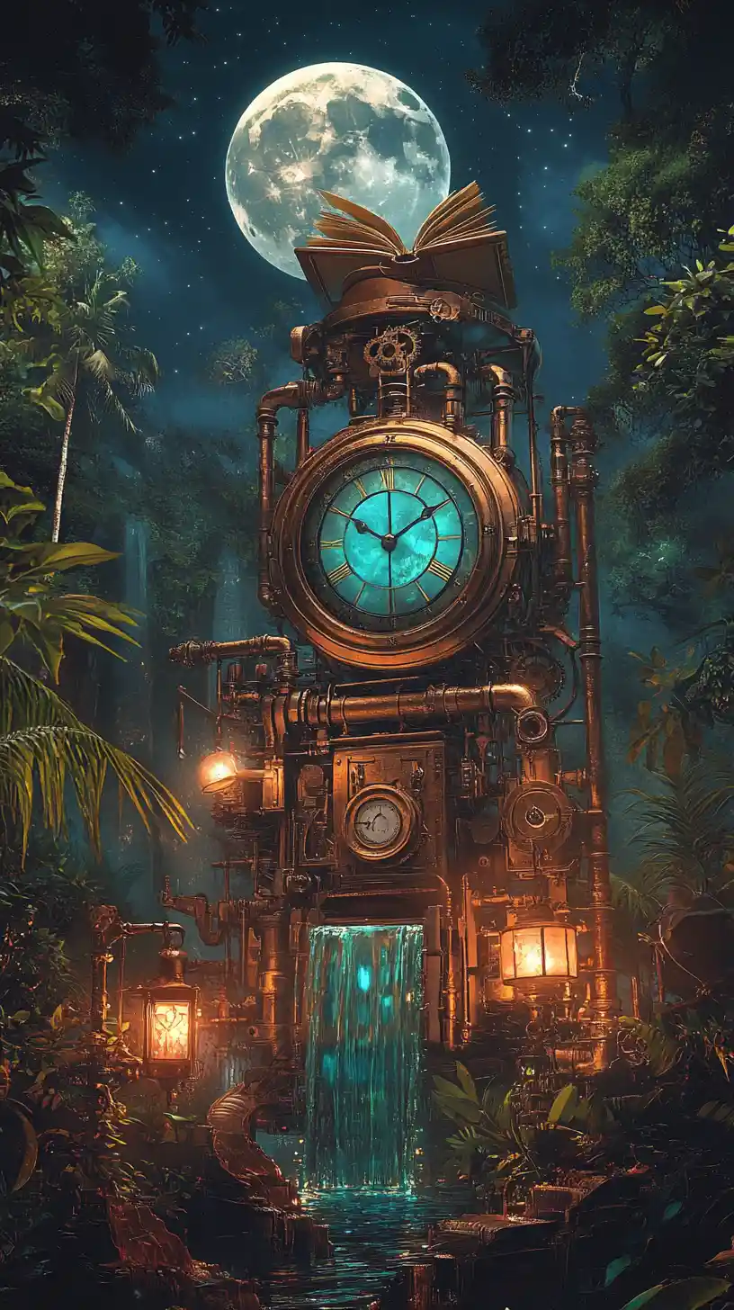 Orologio steampunk nella giungla che brilla sotto la luna piena