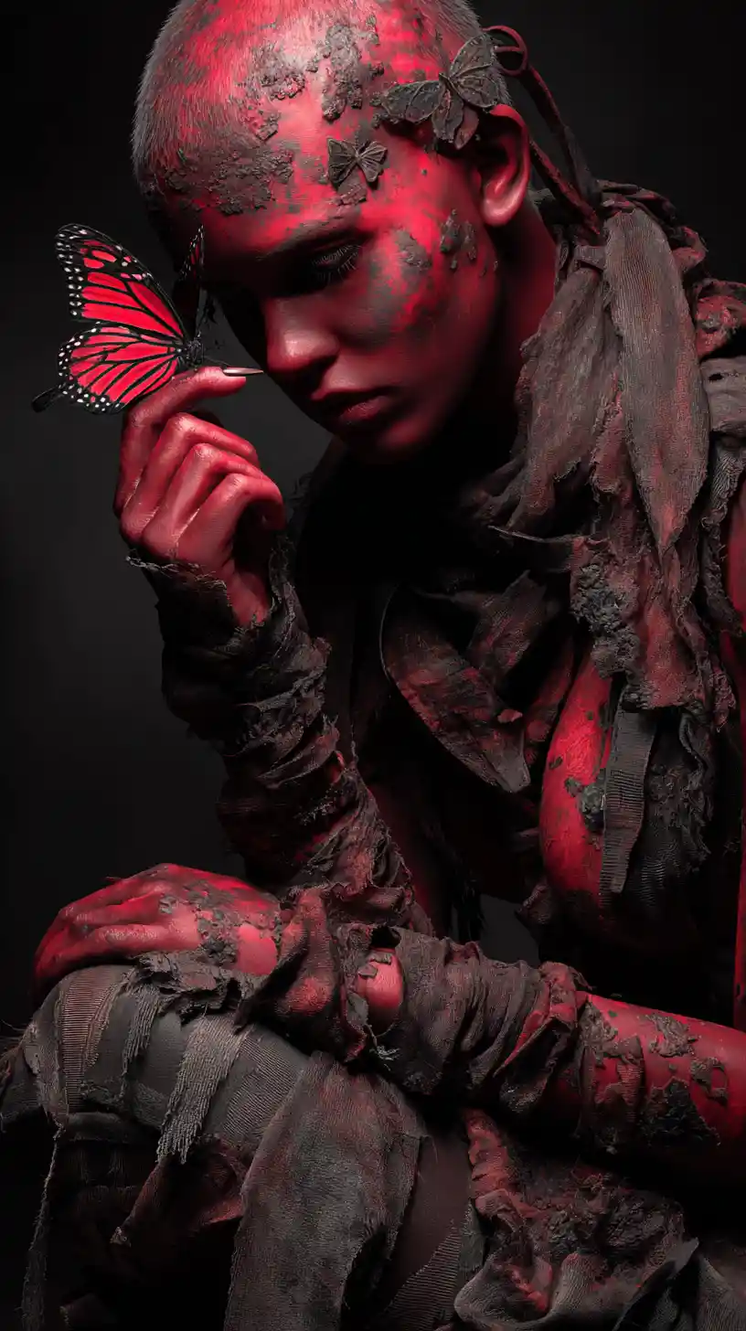 Otherworldly red skinned woman in tattered stylish outfit