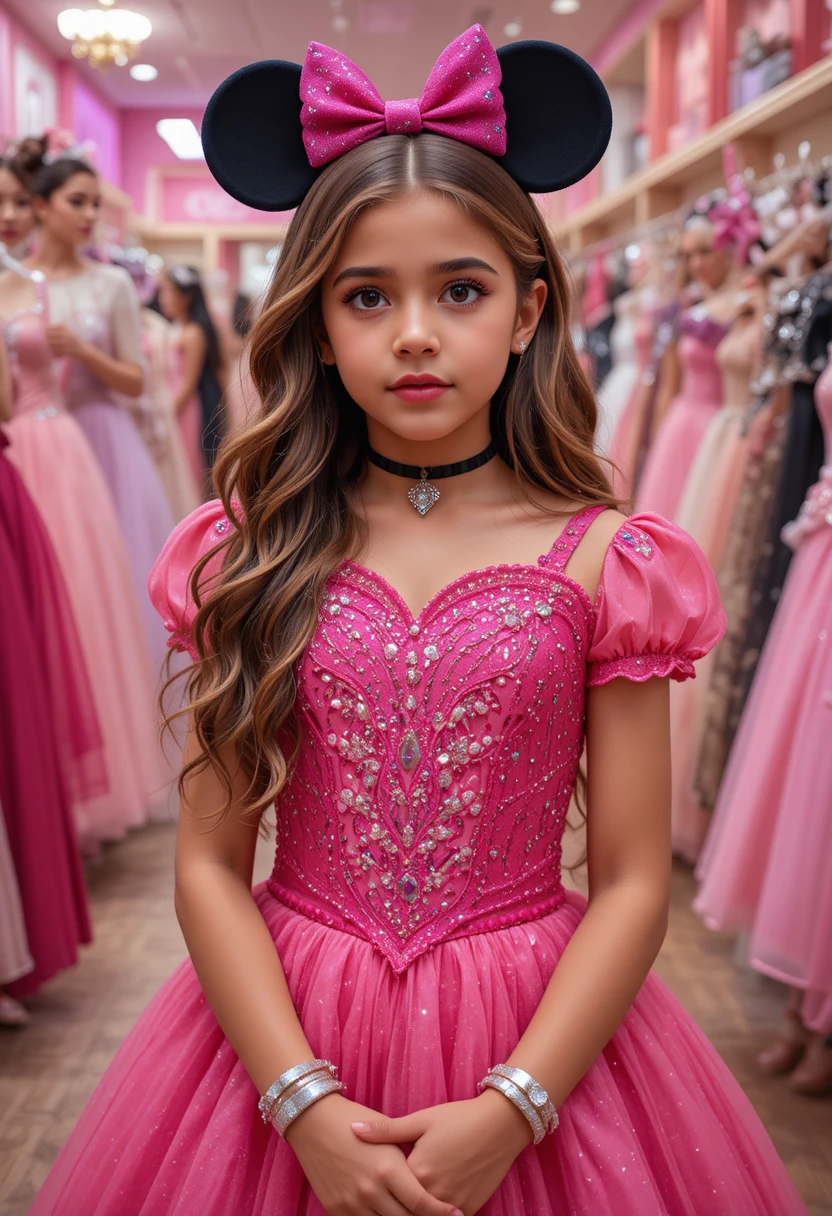 Young princess in hot pink Minnie Mouse dress in shop