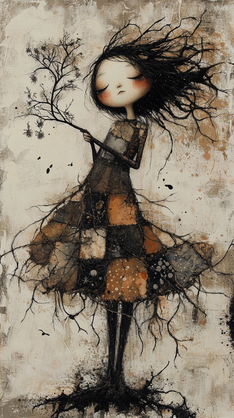 Melancholic girl holding glowing fungi branch in soft fibers