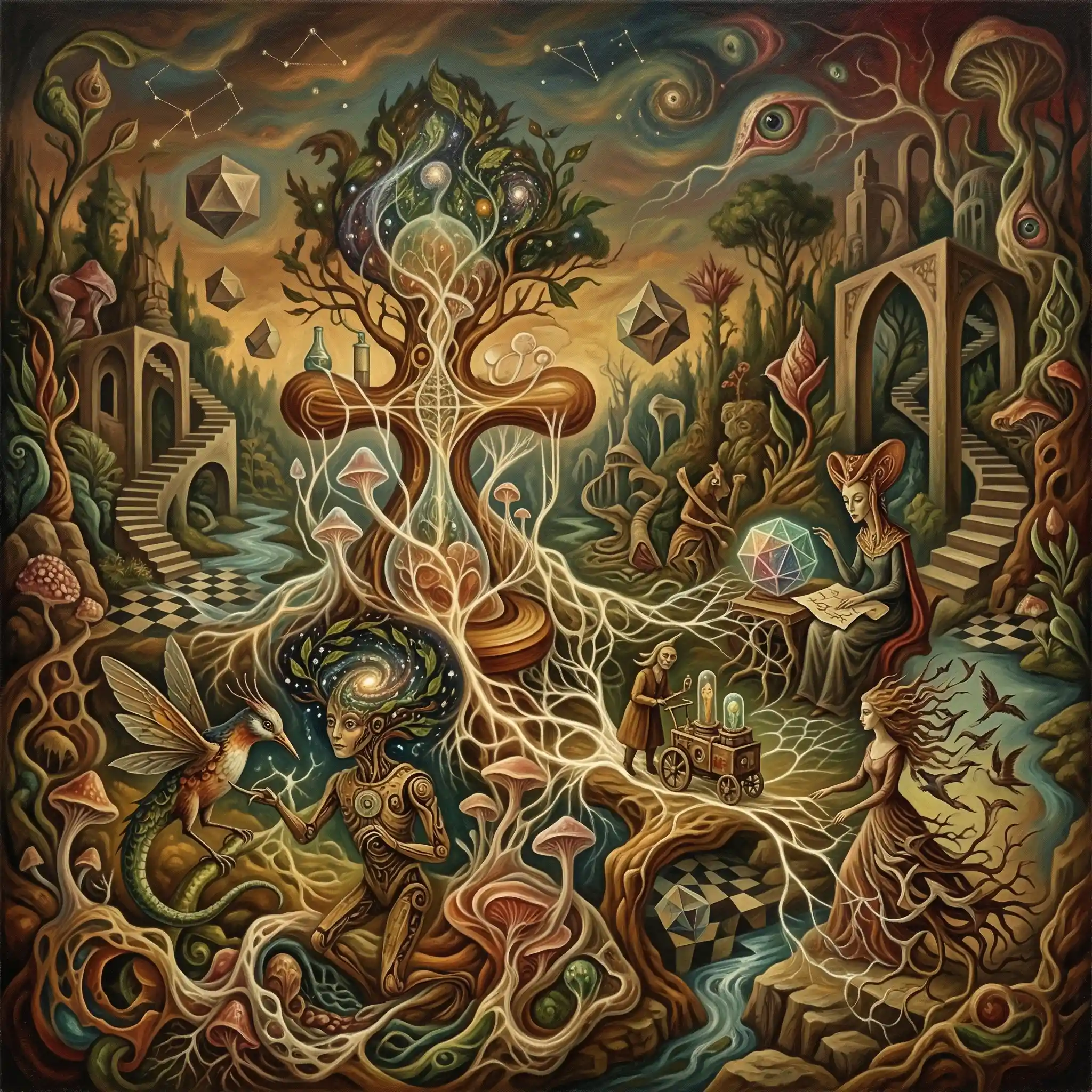 Surreal web of life in a dreamlike biomorphic landscape