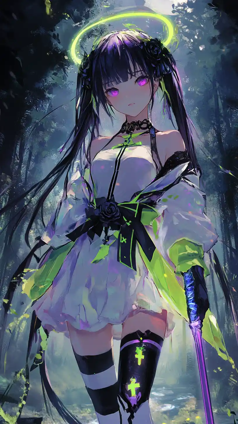 Serious fantasy girl with halos and glowing wings