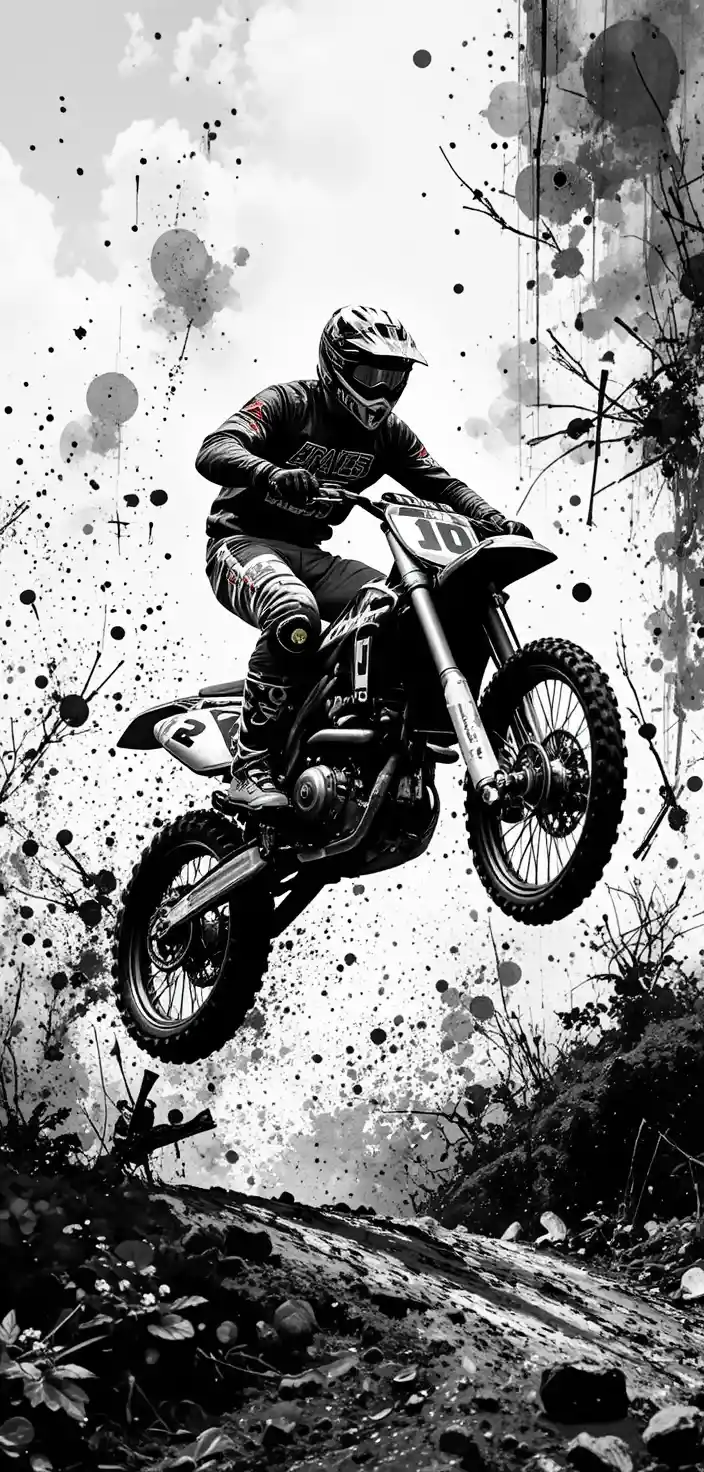Motocross rider flying mid air on off road motorcycle