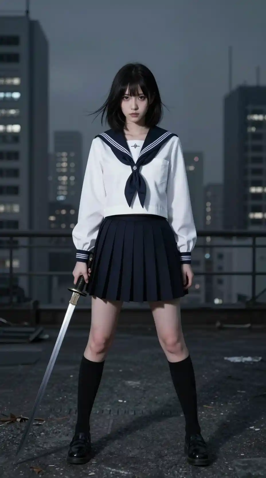 Japanese woman in sailor uniform with sword in neo tokyo