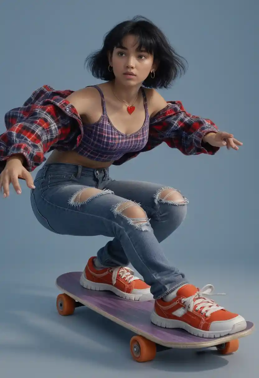 Young woman skateboarding in a dynamic low angle pose