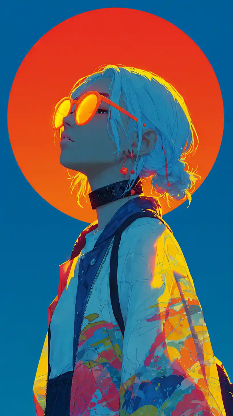 Anime girl in patterned kimono with glowing red halo