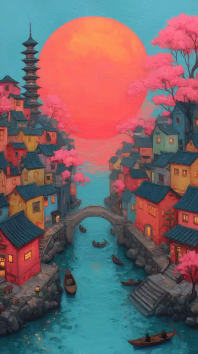 Ancient canal town glowing at sunset with pagoda view