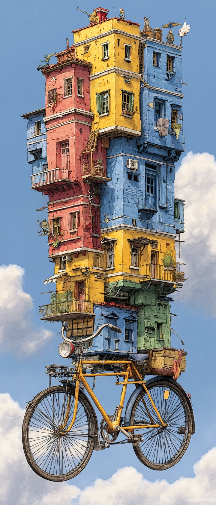 Whimsical anime bicycle rising through a pastel fantasy city