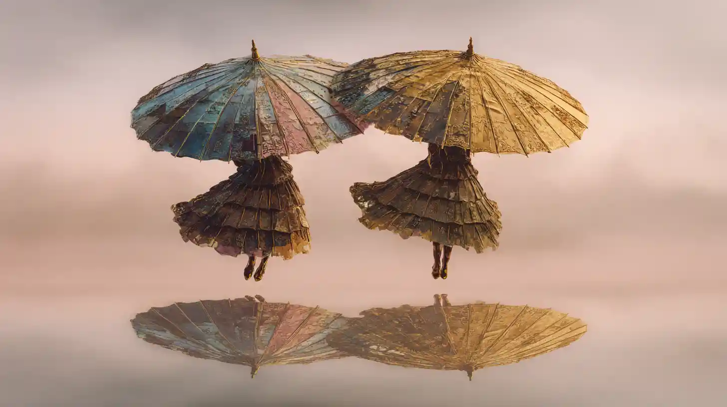 Ombrelli patchwork fluttuanti legati a una figura solitaria