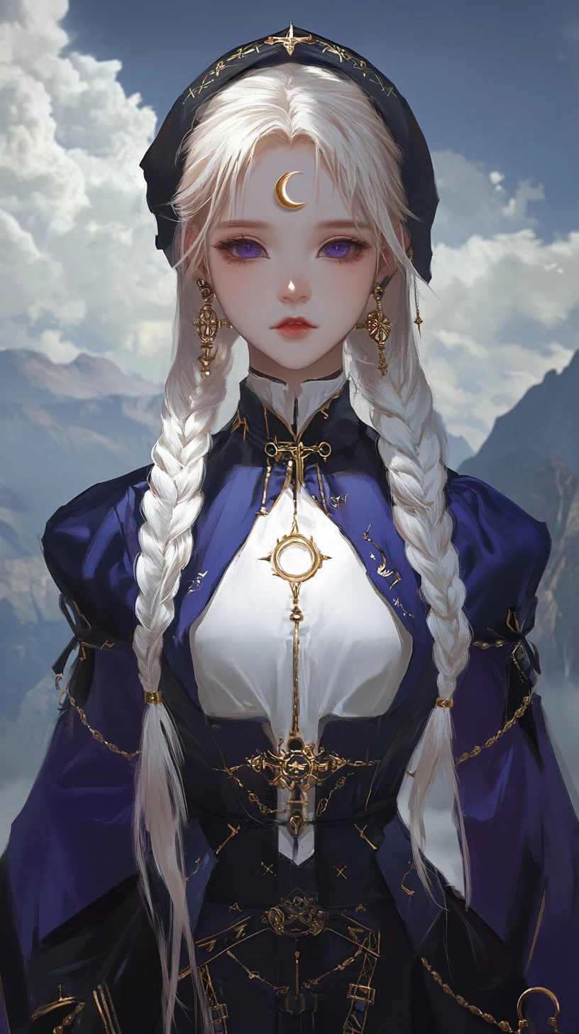 Melancholic girl with halos in a dramatic mountain sky