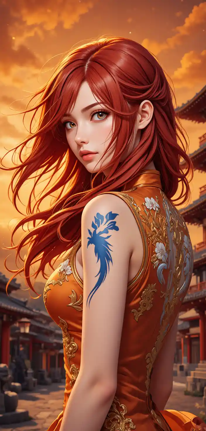 Anime warrior woman over the shoulder at sunset shrine