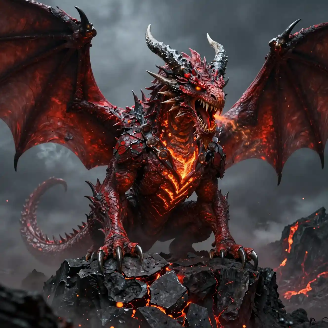 Ancient red dragon on shattered volcanic cliff at dusk