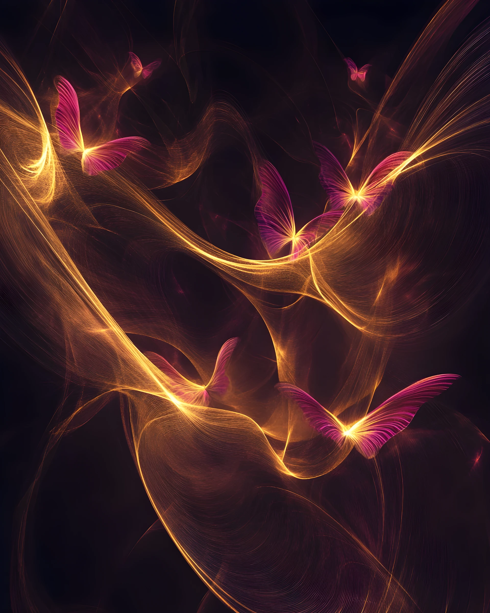 Ethereal flock of light birds swirling in dark space