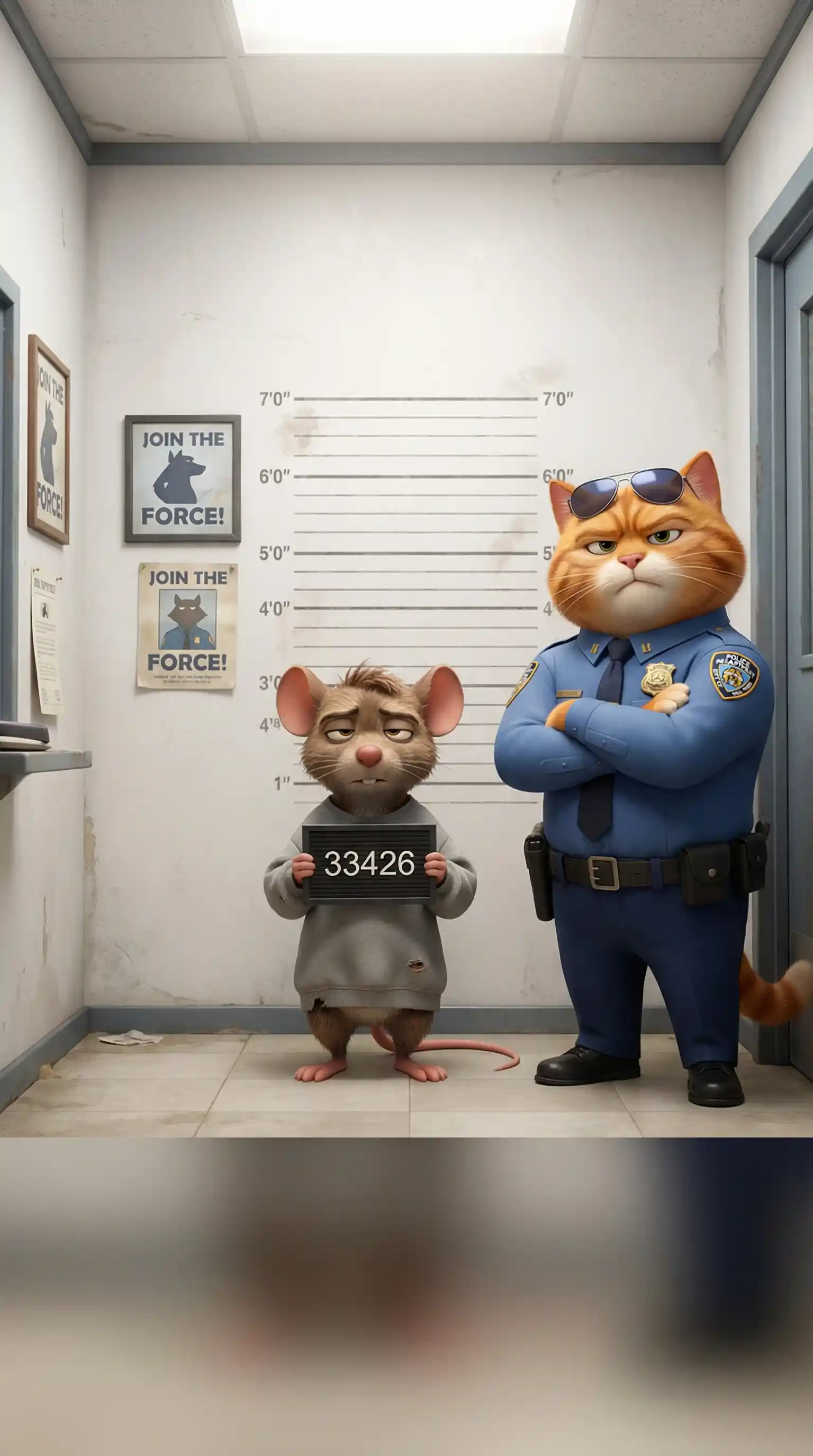 Playful 3D mugshot scene with a cat officer and mouse