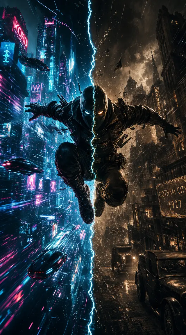 Vigilante Leaping Through A Fractured Neon And Noir City