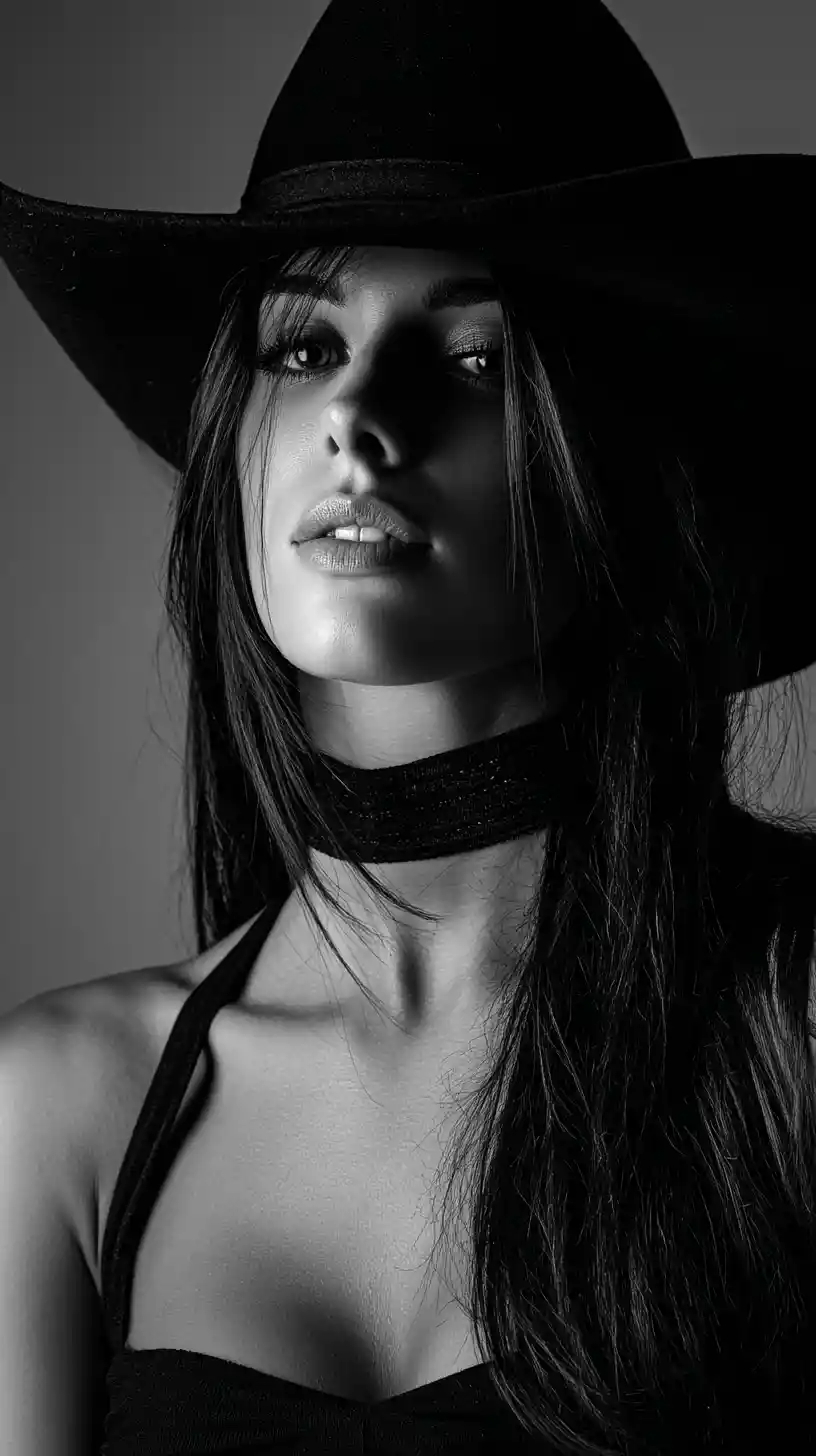 Black and white studio portrait of woman in cowboy hat